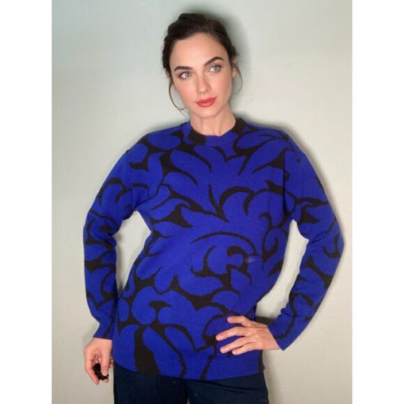 Stella McCartney Bright Blue & Brown Abstract Floral Print Sweater Wool Sz 42 L - Picture 3 of 9